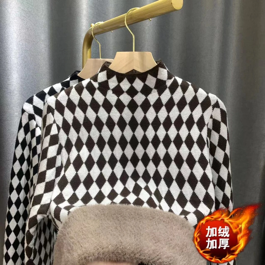【加绒加厚】半高领棋盘格2024秋冬新款针织套头毛衣打底衫