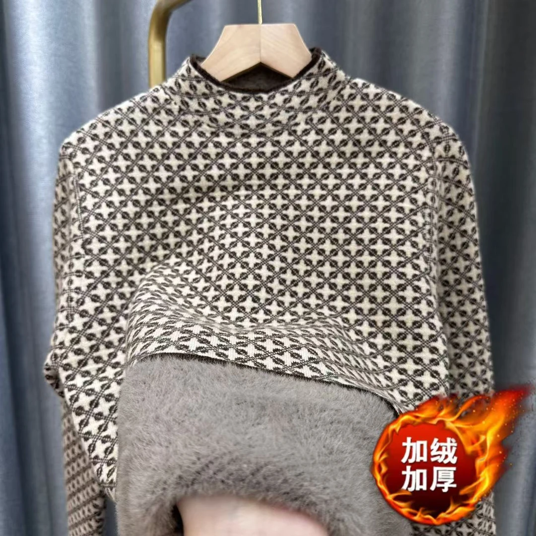 【加绒加厚】半高领十字花纹2024秋冬新款针织套头毛衣打底衫