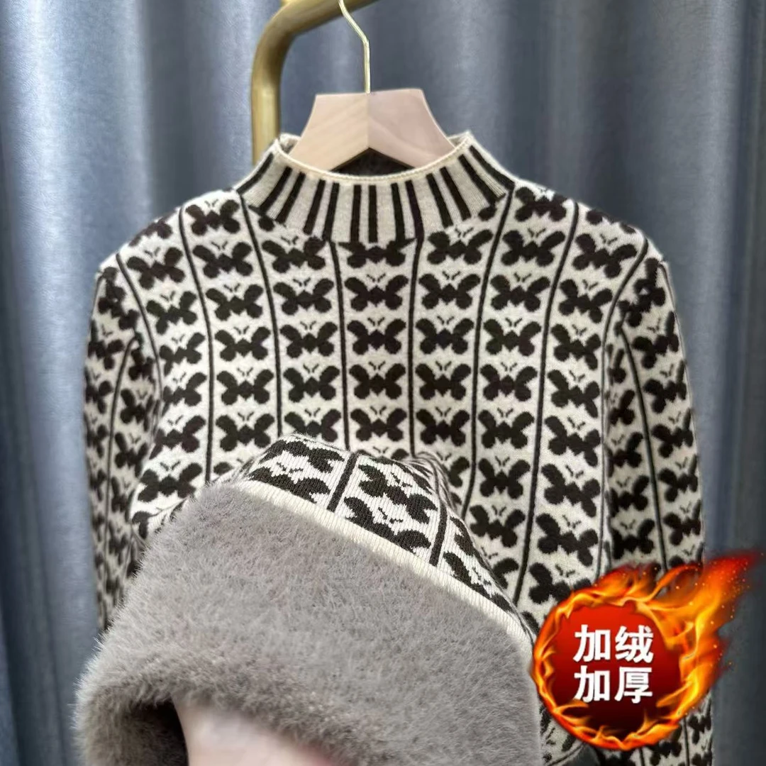 【加绒加厚】半高领蝴蝶竖条纹2024秋冬新款针织套头毛衣打底衫
