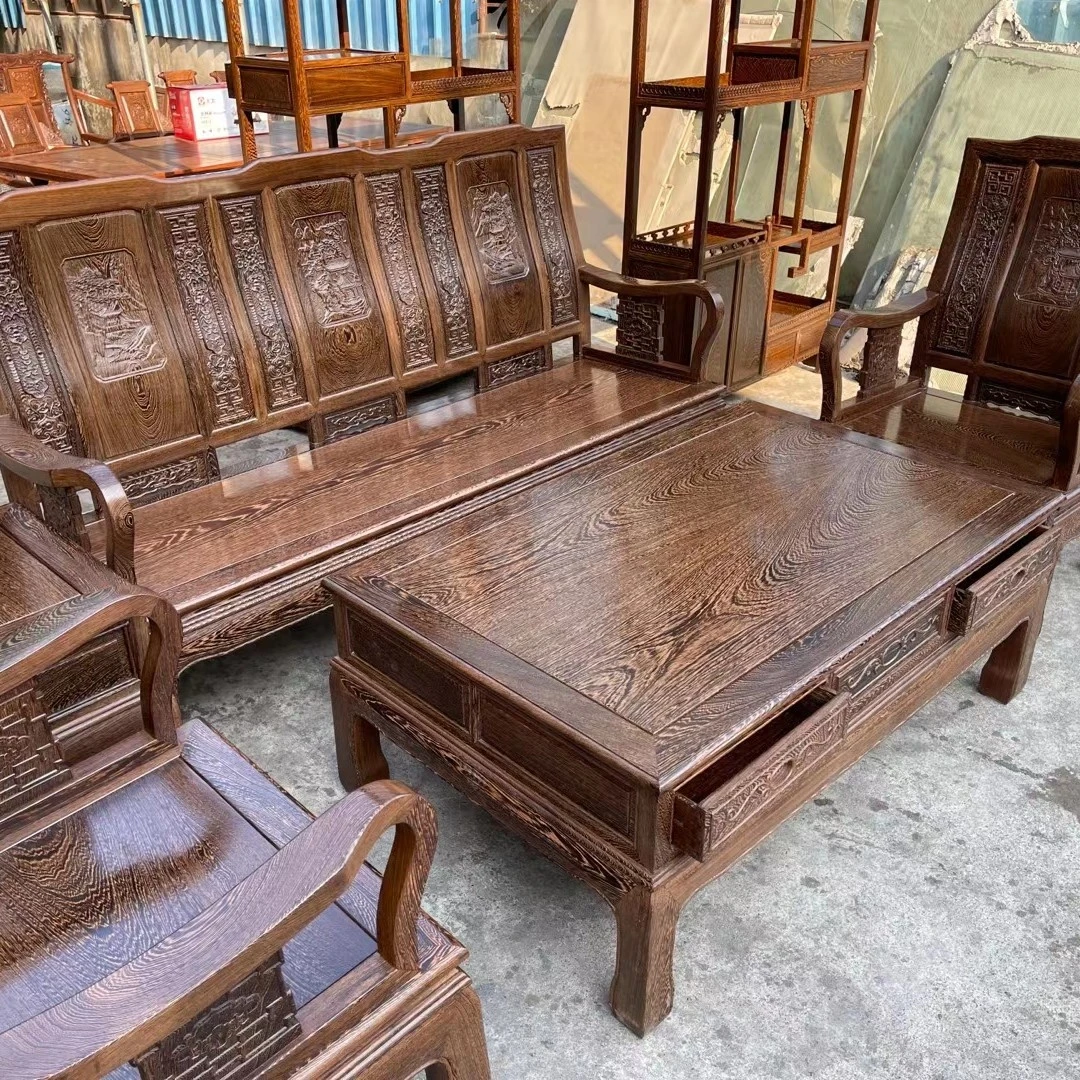 【匠心家具】 雕花实木家具万字山水沙发五件