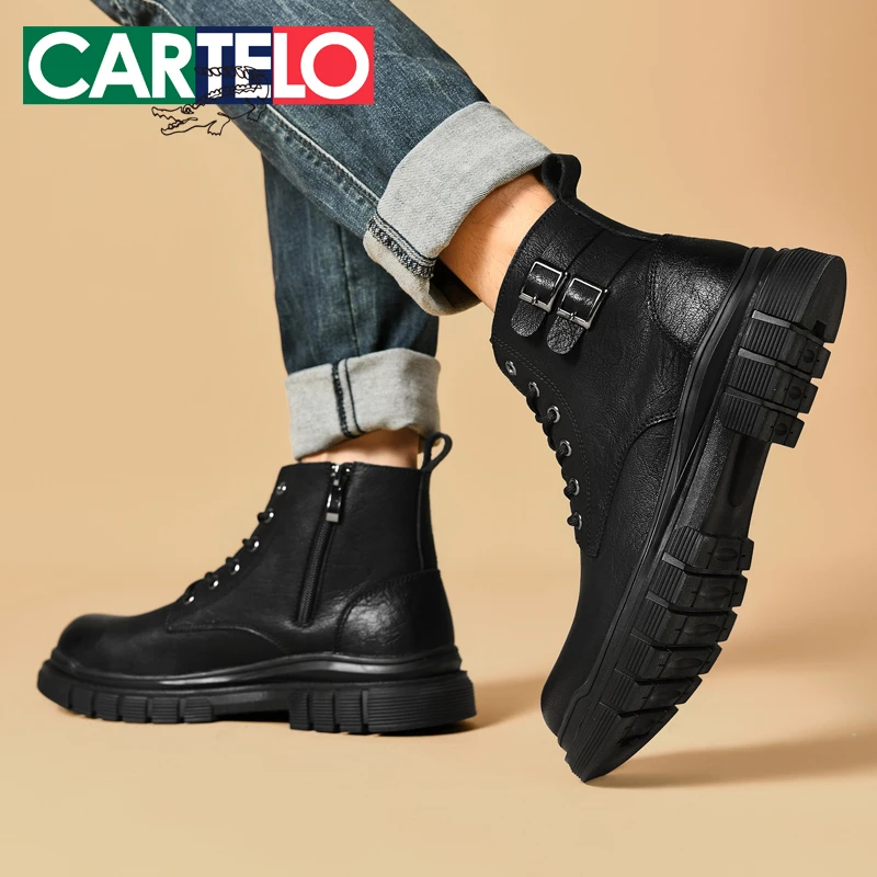 CARTELO/卡帝乐鳄鱼靴子男2023新款秋冬季百搭男士马丁靴帅气短靴
