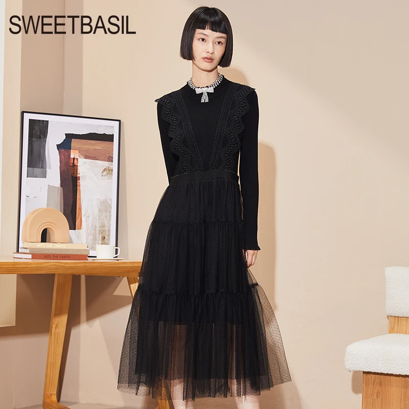 【小云总专享】紫淑针织裙女冬显瘦休闲复古蕾丝连衣裙Z1FE24161