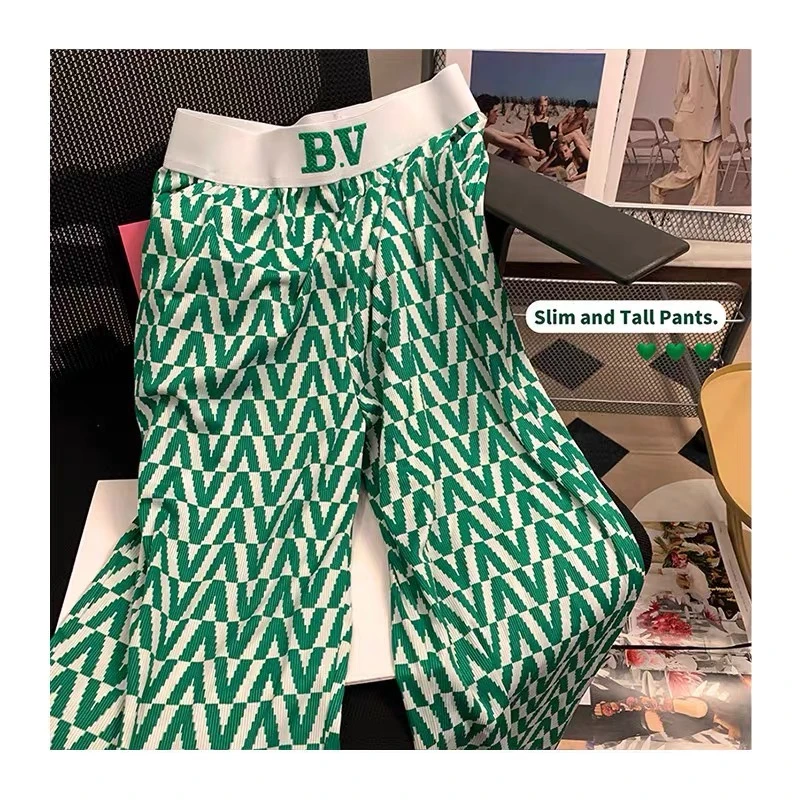 字母撞色软糯垂顺不皱显瘦春夏阔腿裤女新款高腰宽松休闲直筒长裤