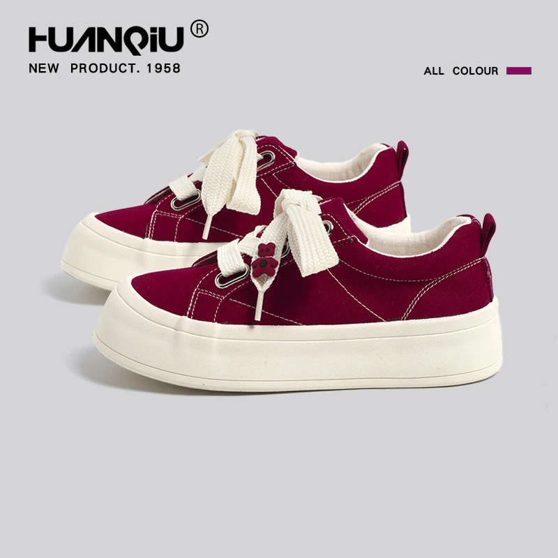 HUANQIU/环球红色帆布鞋女2025新款潮流学生潮鞋厚底夏季运动板鞋