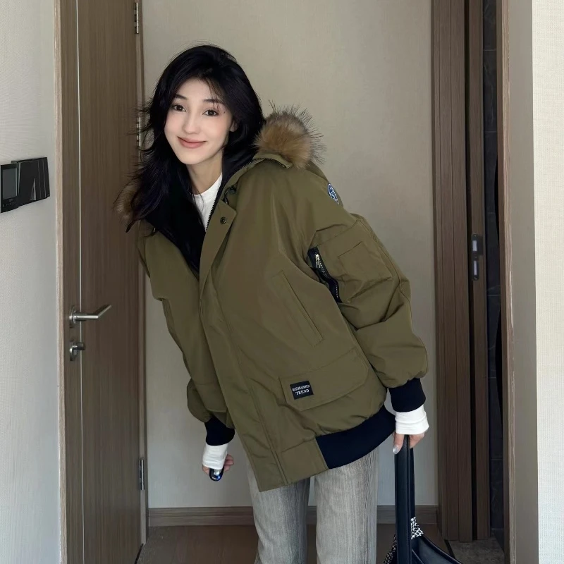美式工装派克棉服军绿色短款遮屁股棉衣外套冬季加厚大毛领上衣女