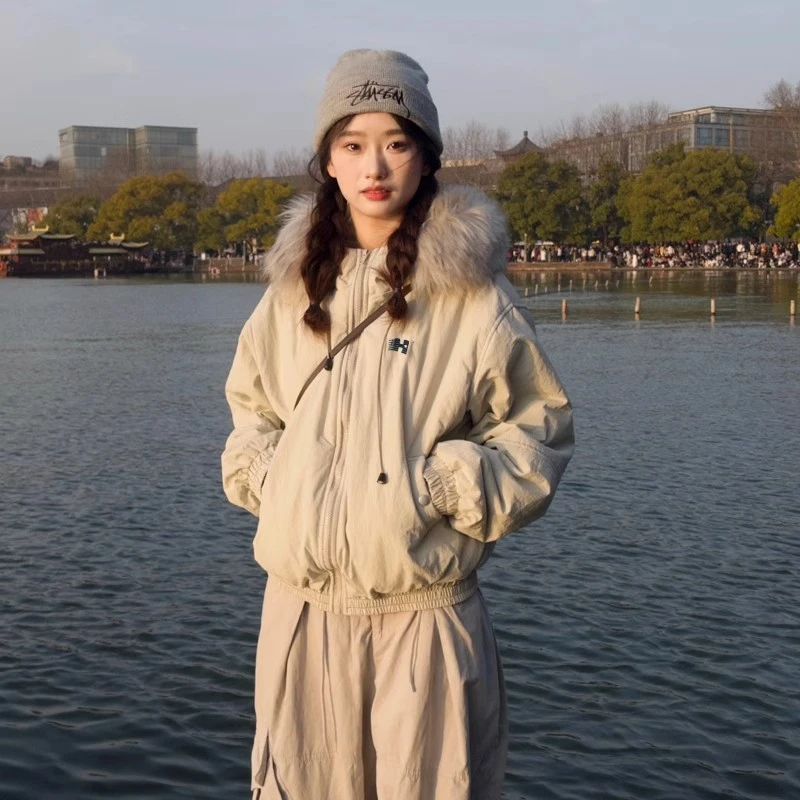 派克服棉服女2024新款冬季毛领加绒棉衣美式复古冬装夹棉外套棉袄