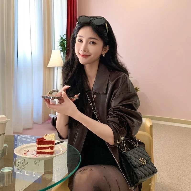 皮衣外套女2025春秋新款海宁时尚复古进口绵羊皮显瘦时尚短款夹克