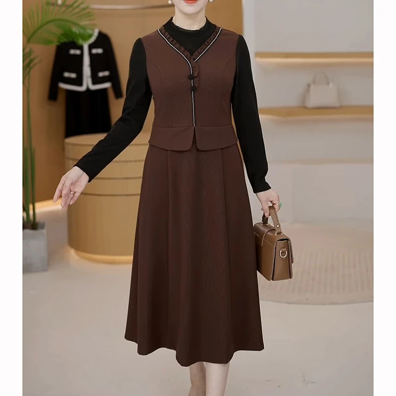 妈妈秋装连衣裙洋气小香风裙子2023新款假两件长袖中老年女装长裙
