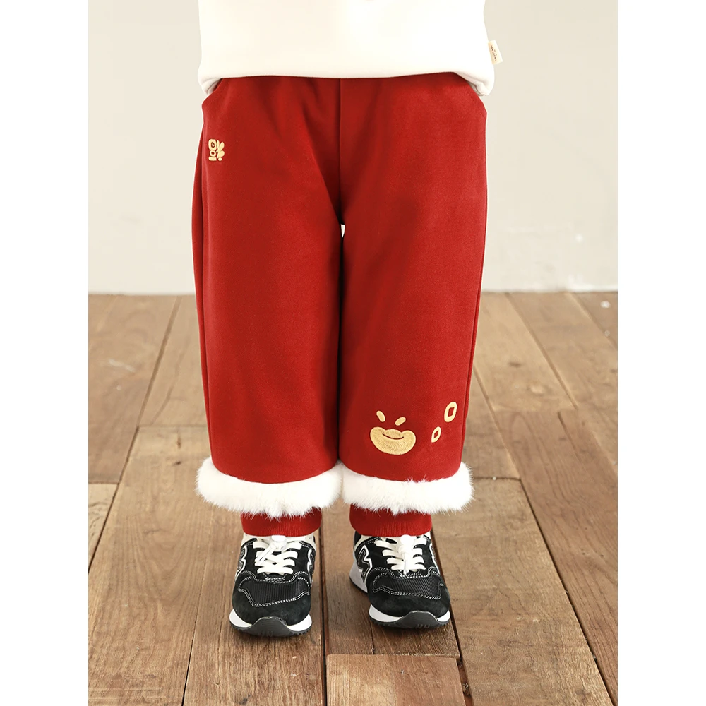 幼悠男童冬季红色拜年服加绒加厚裤子中国风儿童休闲裤外穿N5930