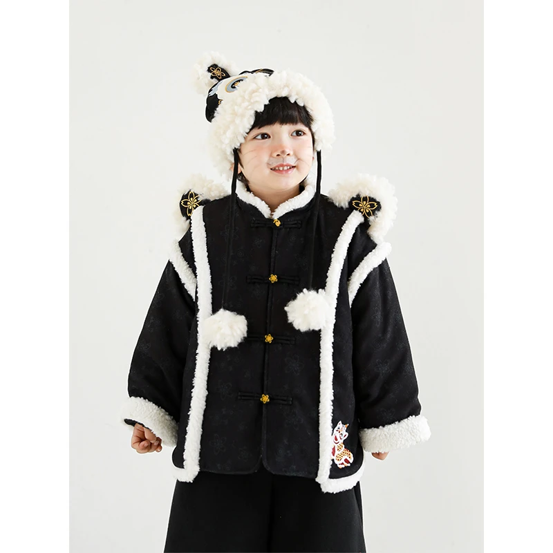 幼悠儿童冬季国风棉服复古男童保暖舞狮刺绣毛绒褙袄外套N2223