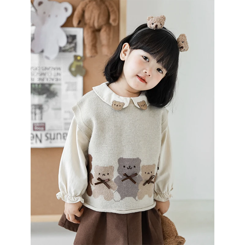 幼悠女童卡通小熊毛衣马甲春秋洋气儿童卡通小女孩针织背心Q2284