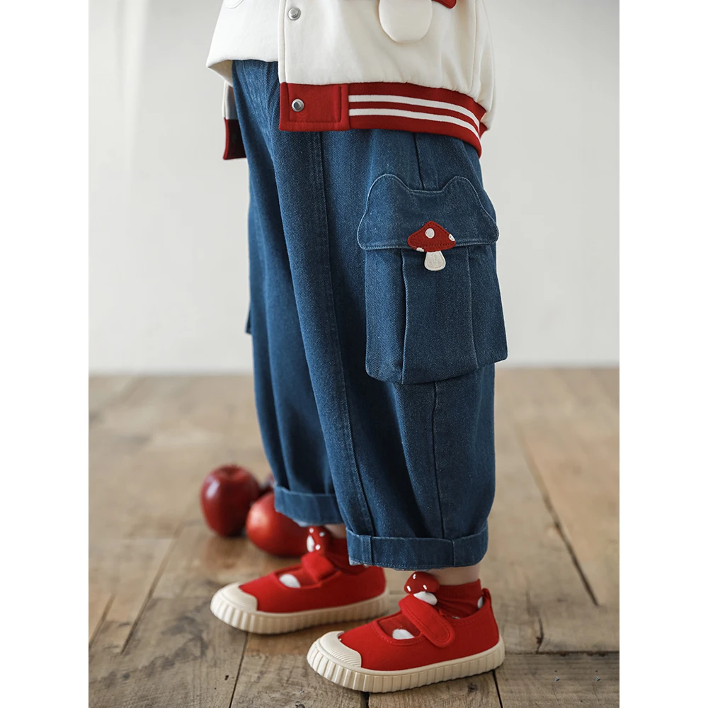 幼悠女童春装蘑菇口袋女孩牛仔裤宝宝春天裤子儿童潮牌服装Q4054