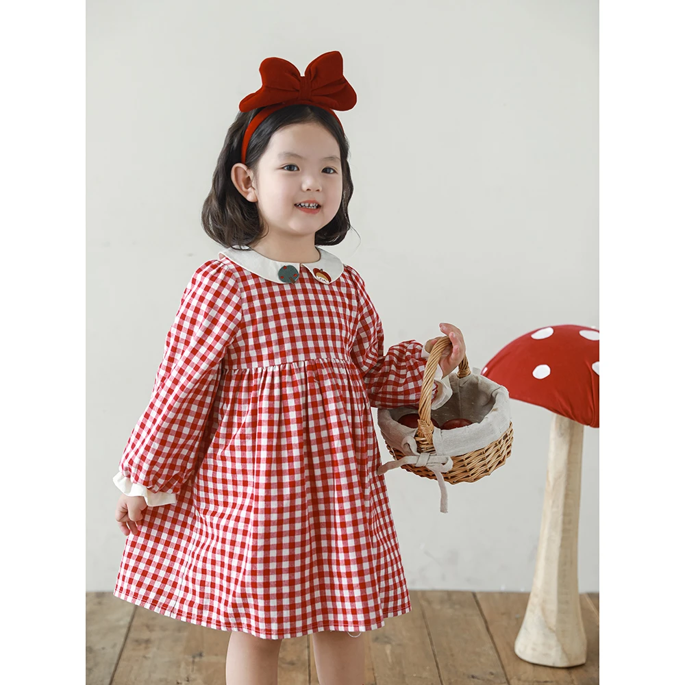 幼悠女童秋季红色格子连衣裙洋气儿童翻领小女孩长袖裙子潮Q4051