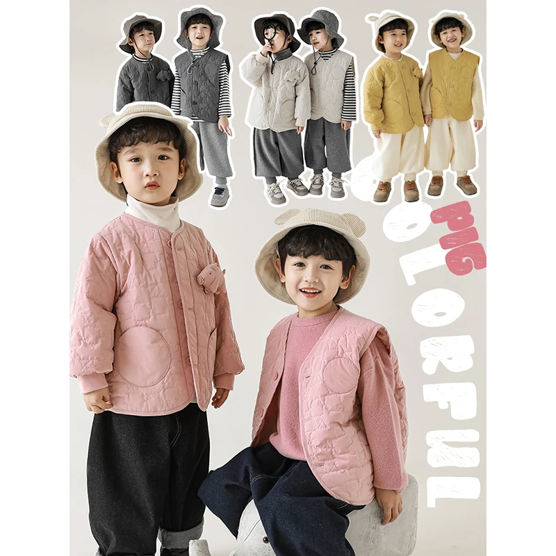 幼悠儿童立体玩偶外套男童秋冬新款保暖马甲背心宝宝简约百搭上衣
