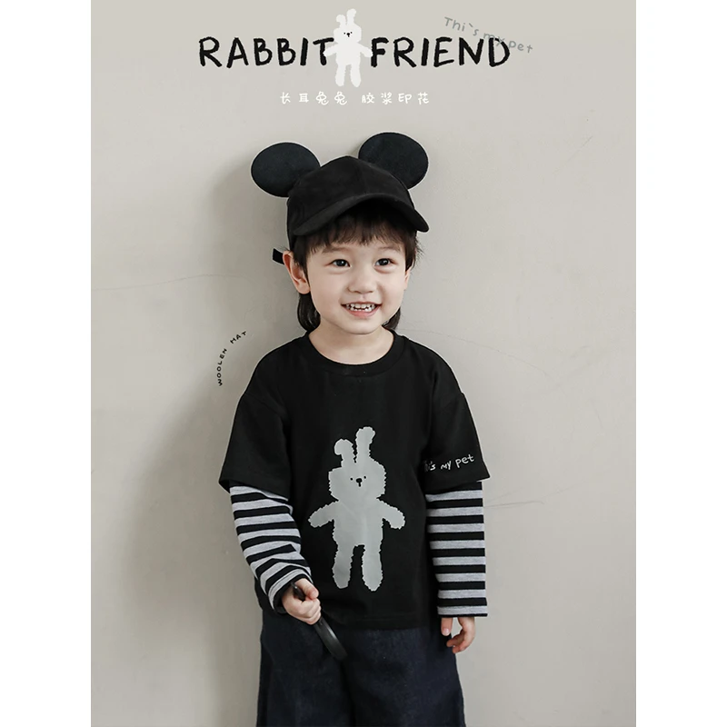 幼悠男童印花假两件条纹宽松T恤秋款儿童宝宝休闲长袖上衣潮N3803