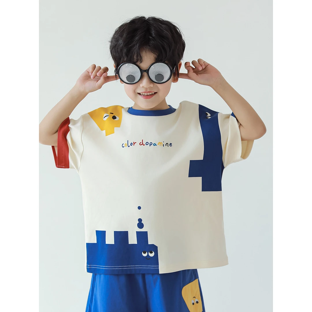 幼悠男童积木T恤休闲百搭夏季儿童薄款短袖上衣夏天男孩潮FN0146