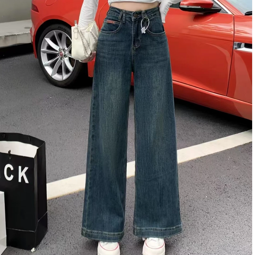 秋冬款复古阔腿牛仔显瘦高腰宽松垂感韩版百搭带弹阔腿牛仔裤1007