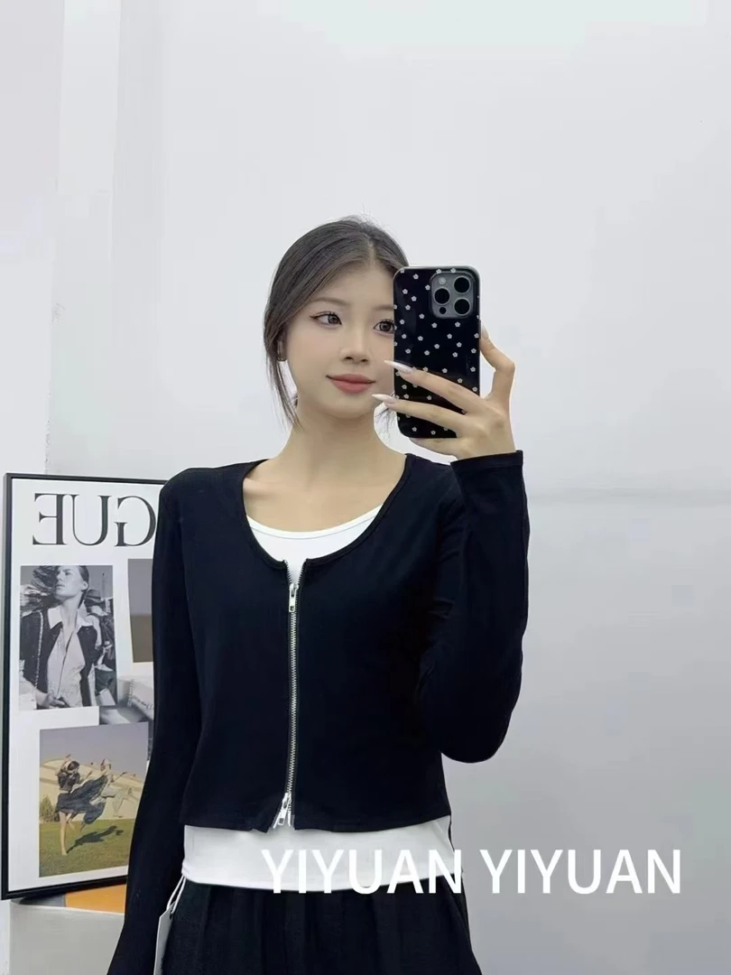 辣妹上衣修身中低领假两件拉链开衫百搭修身显瘦长袖衫网红时尚