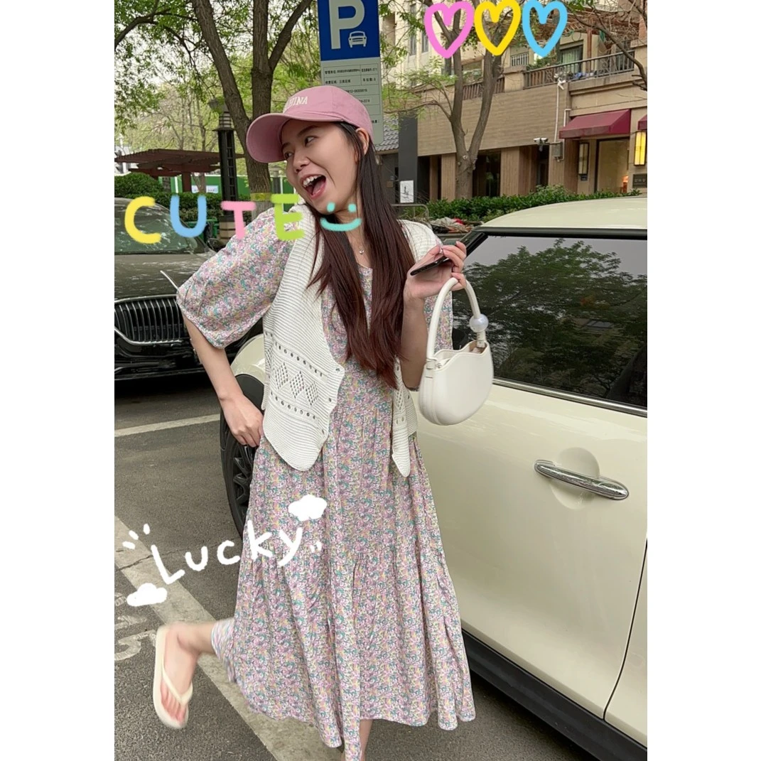 【瑞拉裙摆】HL棉绸夏季浪漫碎花方领短袖蛋糕腰带连衣裙宽松长裙