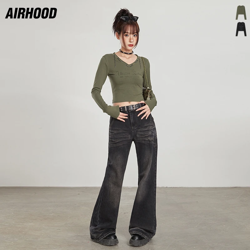 AIRHOOD秋季辣妹个性设计V领长袖T恤修身超短露脐百搭上衣女N3567