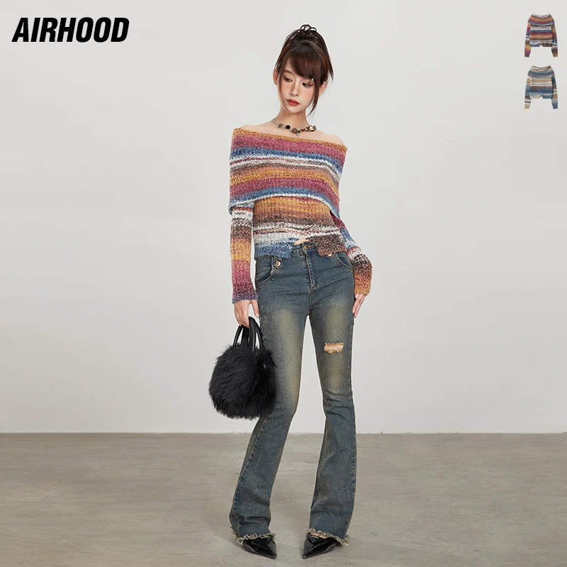 AIRHOOD 美式秋冬新款一字肩复古气质条纹别致拼色宽松长袖N3613