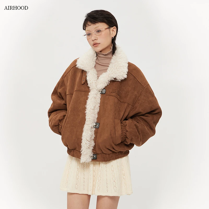AIRHOOD毛绒棉外套女冬季2024年新款韩版设计感宽松开衫棉服N4642