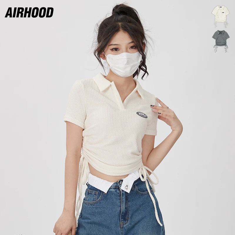 AIRHOOD 美式翻领辣妹侧边收缩绳设计短款T恤女修身V领短袖N3117