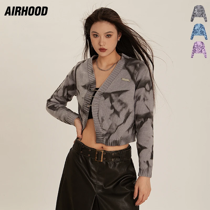 AIRHOOD 秋冬季盐系v领长袖开衫毛衣女复古扎染针织辣妹外套1327
