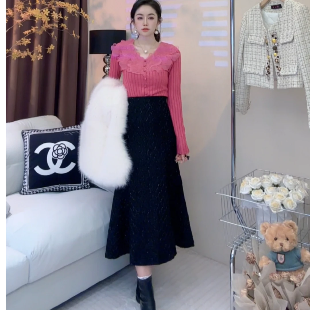 L.X~黑色针织鱼尾裙半身裙女长款a字裙长裙高级感气质裙子8230