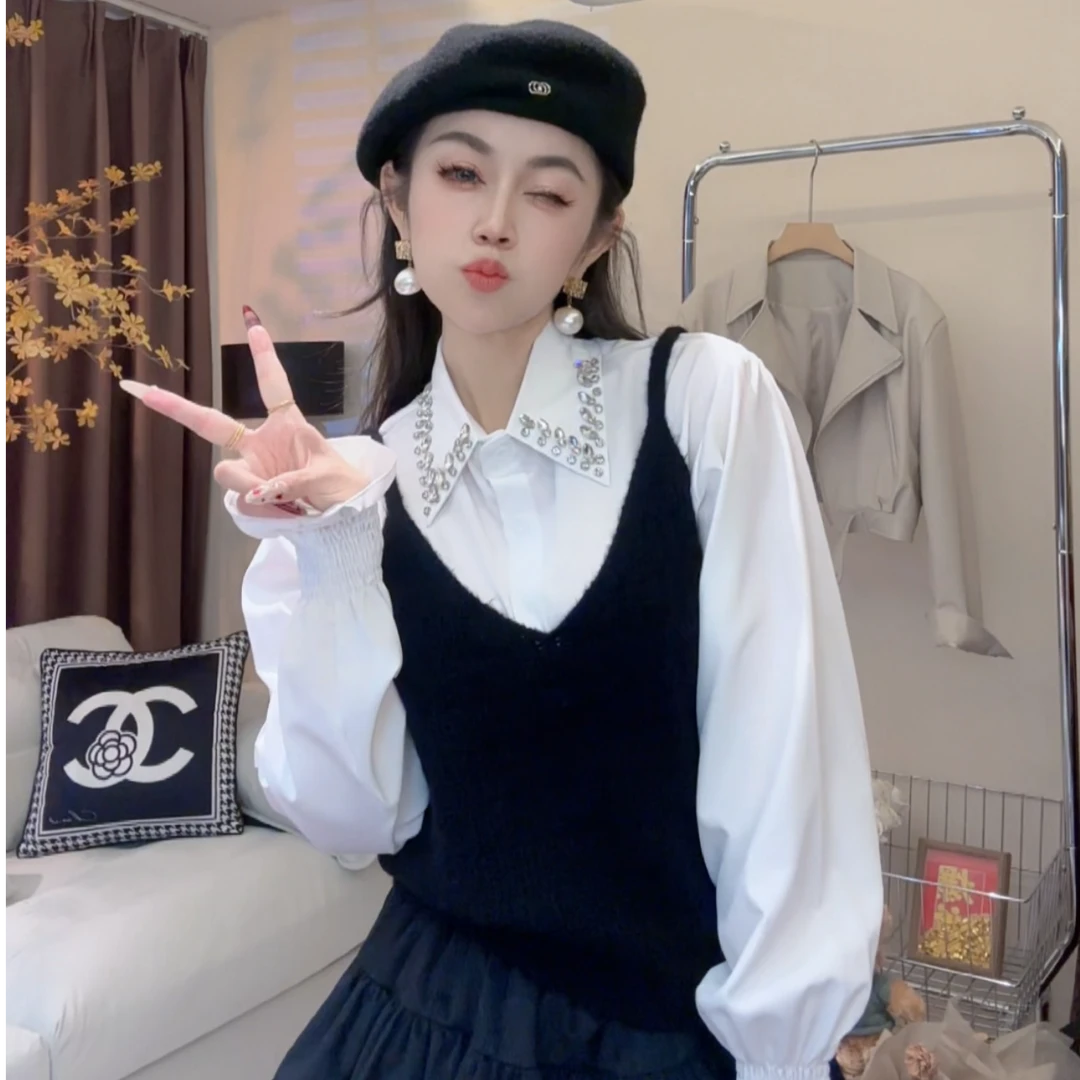 L.X~韩版秋款针织百搭休闲吊带韩系叠穿V领钩织黑色背心8170