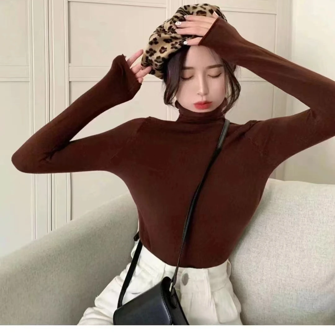 L.X~半高领针织衫女秋季韩版新款修身显瘦卷边内搭长袖打底衫8210