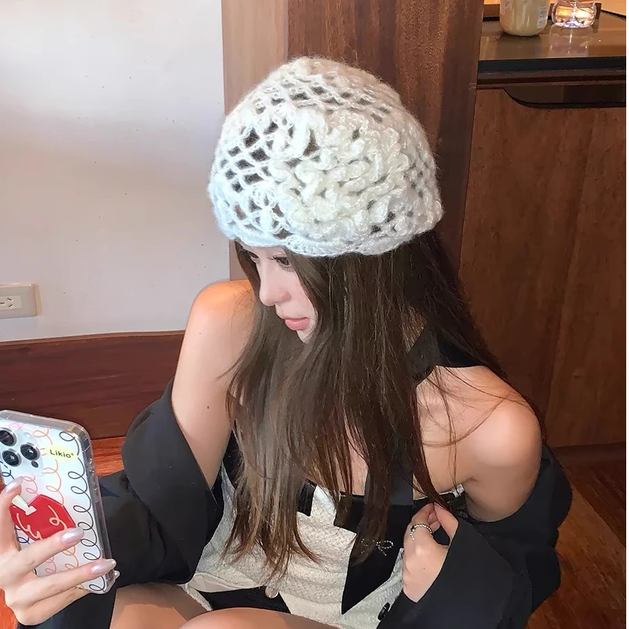 L.X~手工钩花立体花朵包头帽女款春秋季文艺复古针织堆堆帽8676