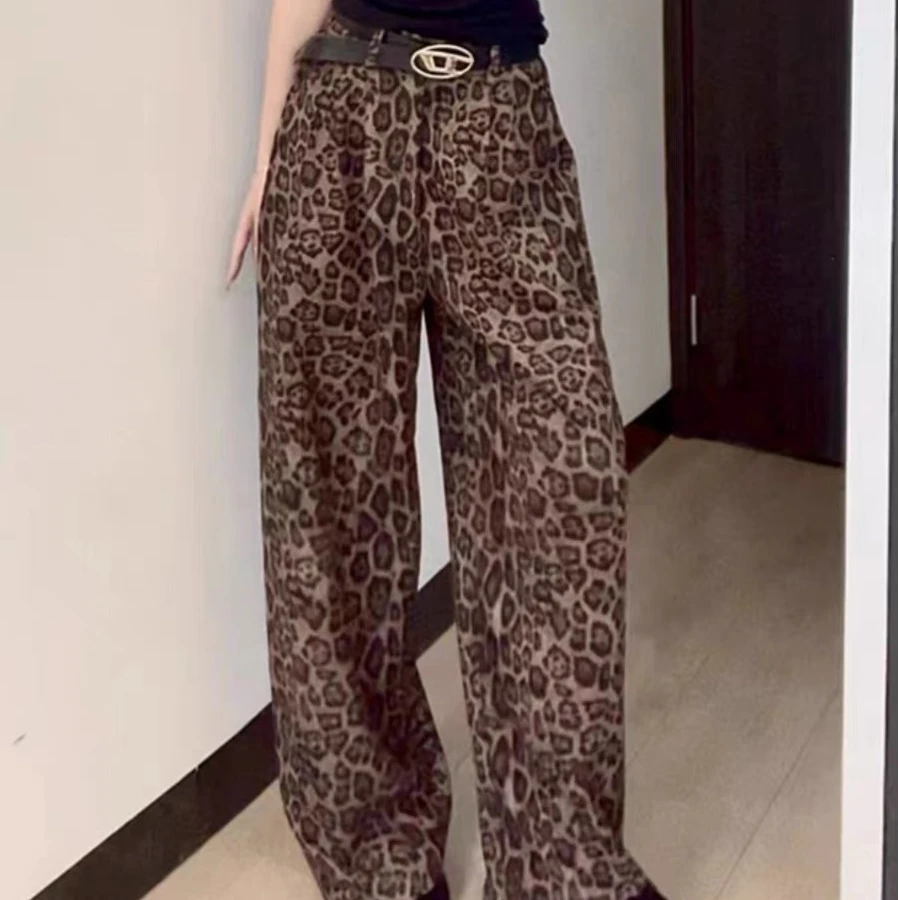 L.X~美式设计感豹纹裤女新款高腰垂感显瘦阔腿裤直筒拖地长裤8150