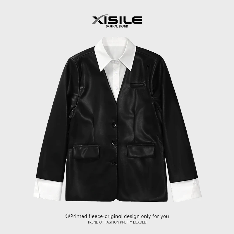 【XISILE】衬衫拼接假两件PU皮衣西装外套2023秋季新款复古长款外套