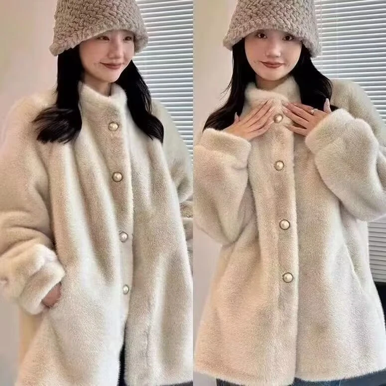 2024款立领仿水貂绒毛皮毛一体环保女外套百搭时尚休闲宽松中长款