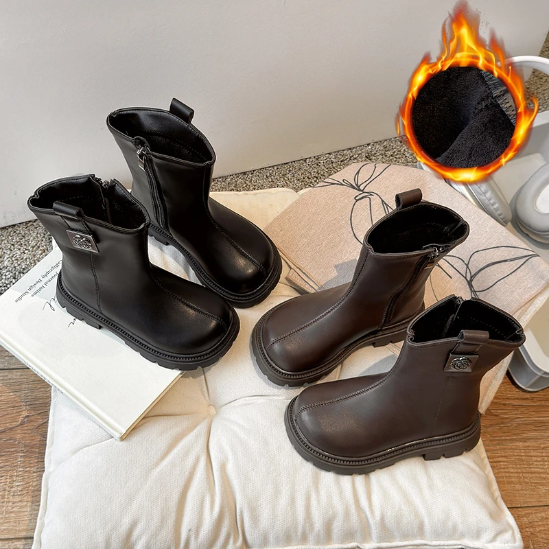 儿童皮靴2024秋冬新款女童时尚百搭时装靴女孩洋气短靴中大童二棉