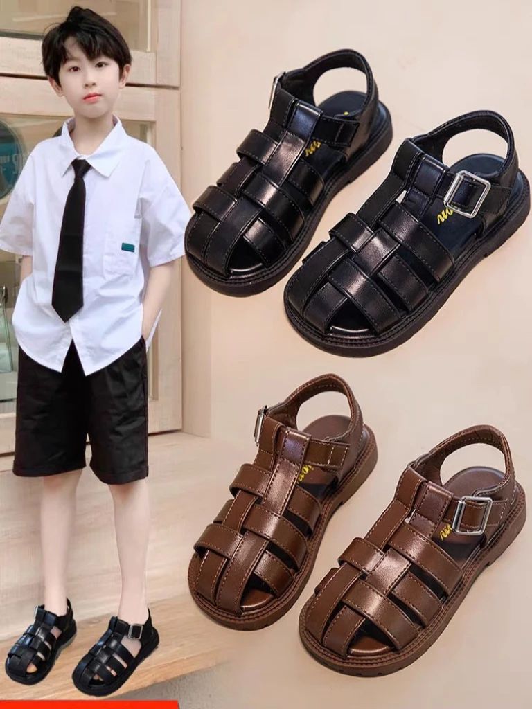 小童凉鞋男童2024新款男童凉鞋包头罗马凉鞋镂空黑色编织皮鞋软底