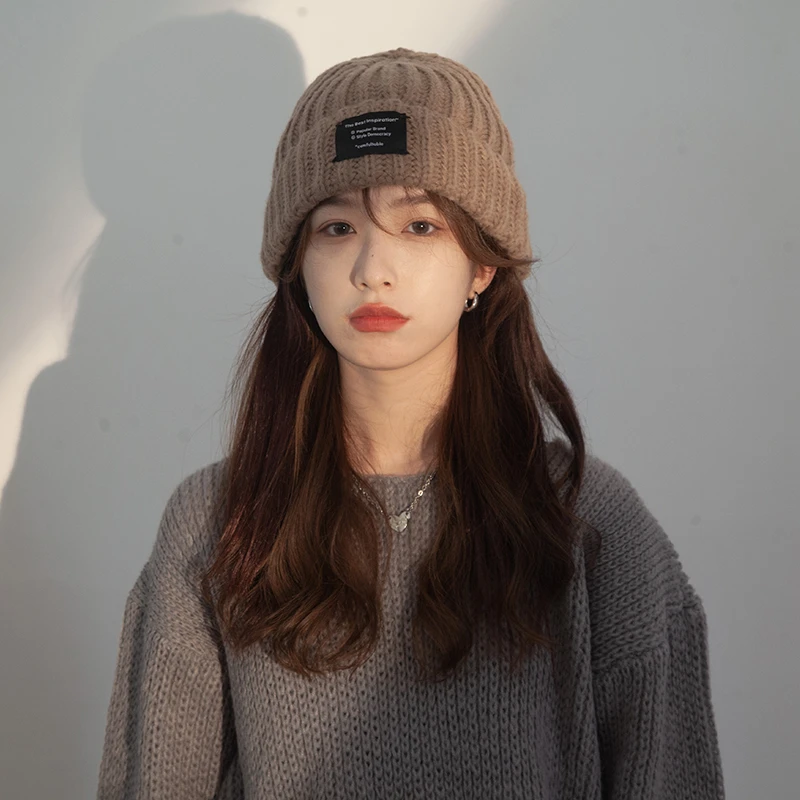 帽子女秋冬贴布护耳毛线帽百搭显脸小保暖针织帽大头围休闲冷帽女