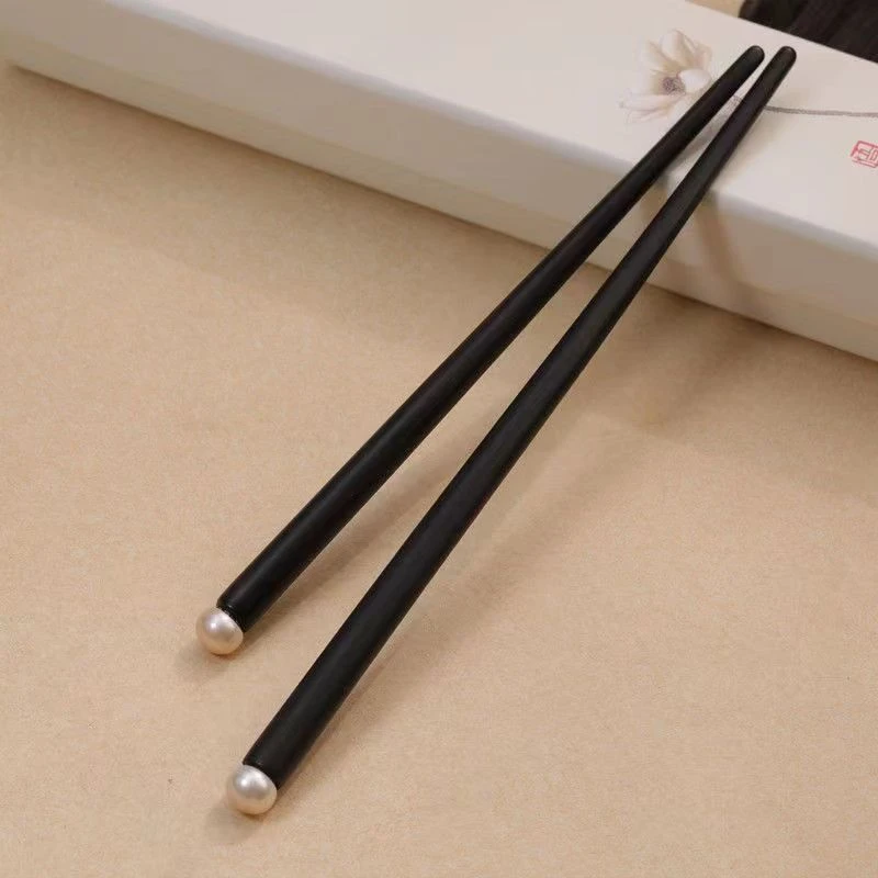 黑天然檀木明珠发簪古风简约双簪百搭头饰汉服旗袍