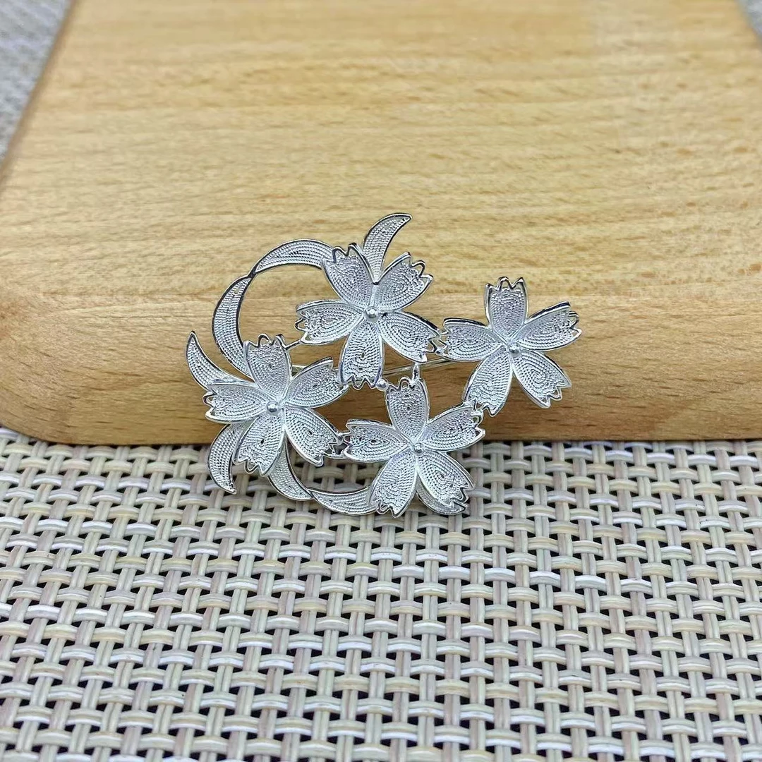 足银胸针 足银花丝太阳花胸针手工素款