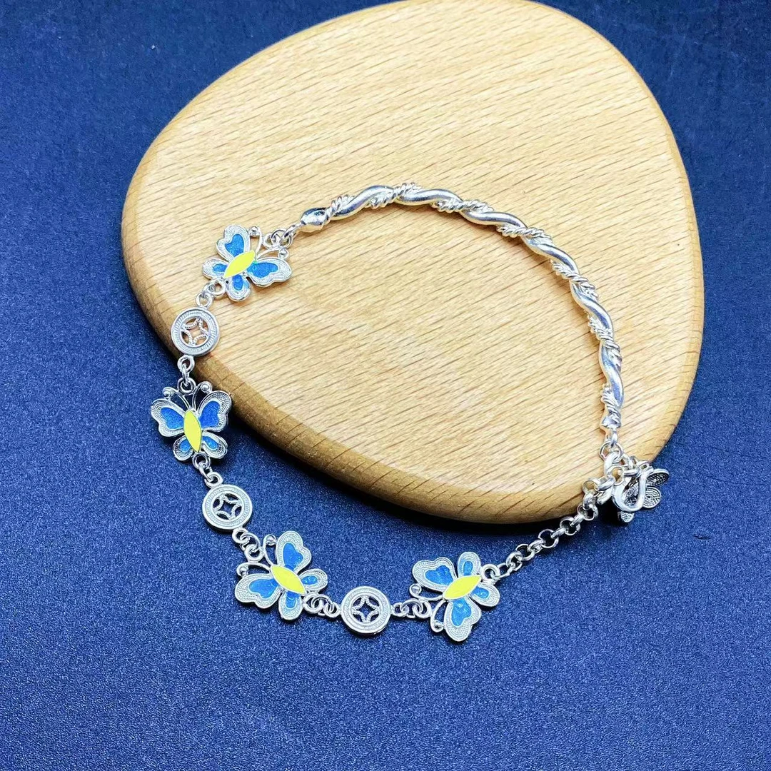 足银珐琅手链 足银珐琅彩蝴蝶半镯手链