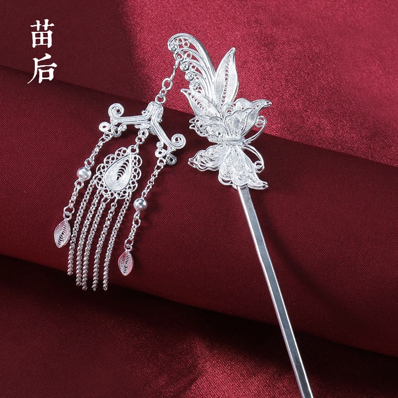 足银银制品 足银花丝双面蝴蝶流苏素款发簪y-古风国风簪子