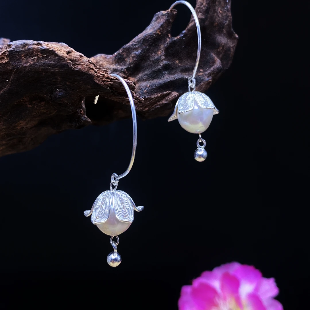 足银耳饰 S925银花丝花朵真珠耳环