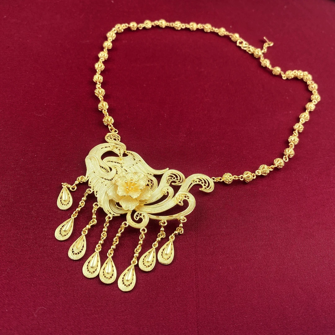 坠链均925银 s925银镀金花丝重工凤凰流苏套链-45厘米国风民族风