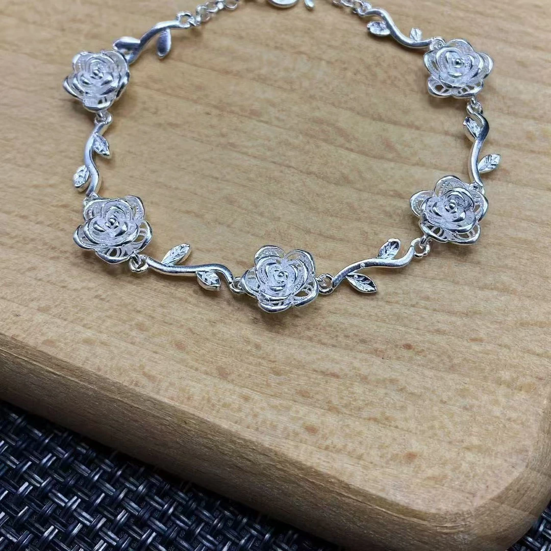 足银手链 足银花丝玫瑰花手链