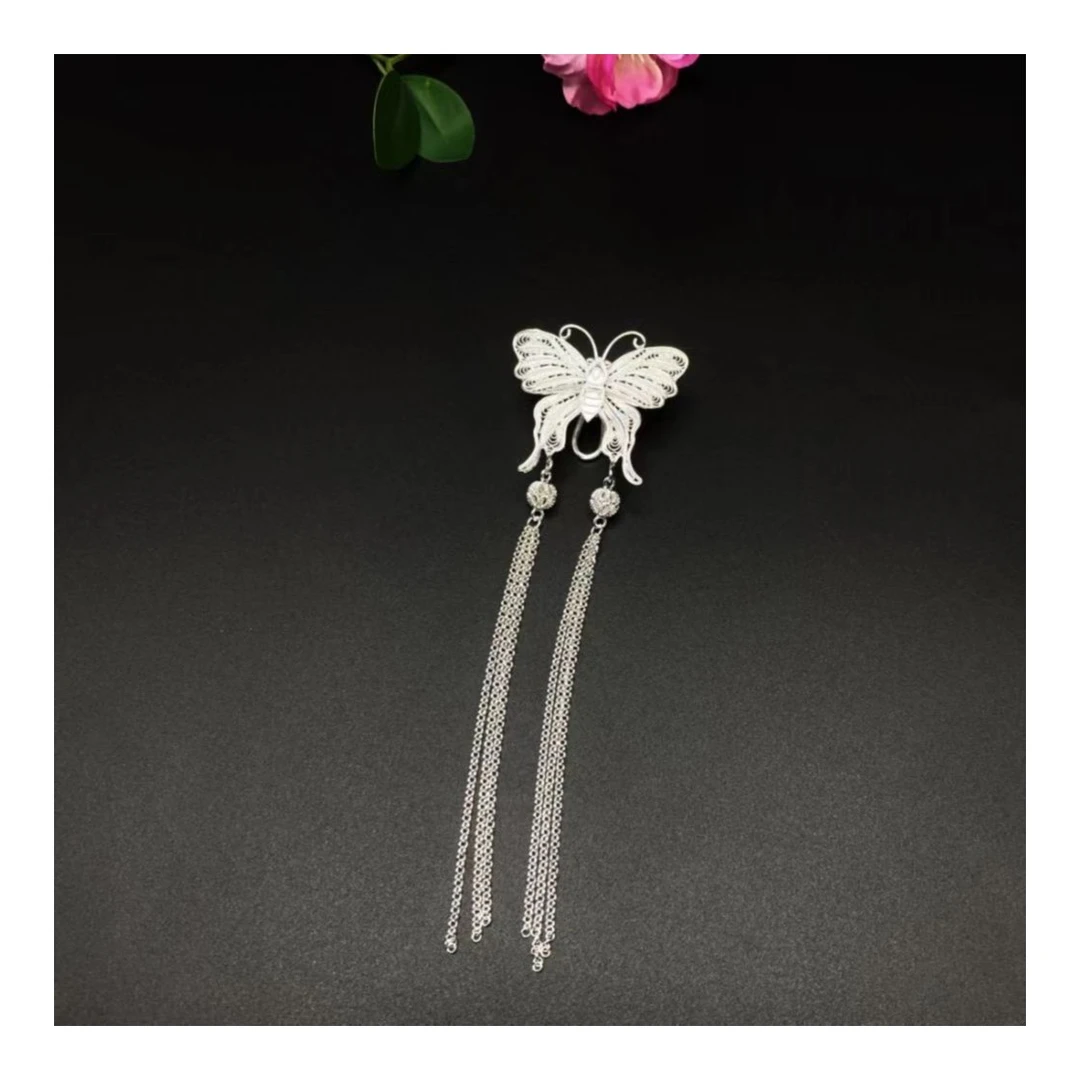 足银银制品 足银花丝重工蝴蝶流苏压襟-古风超仙气质时尚复古长款