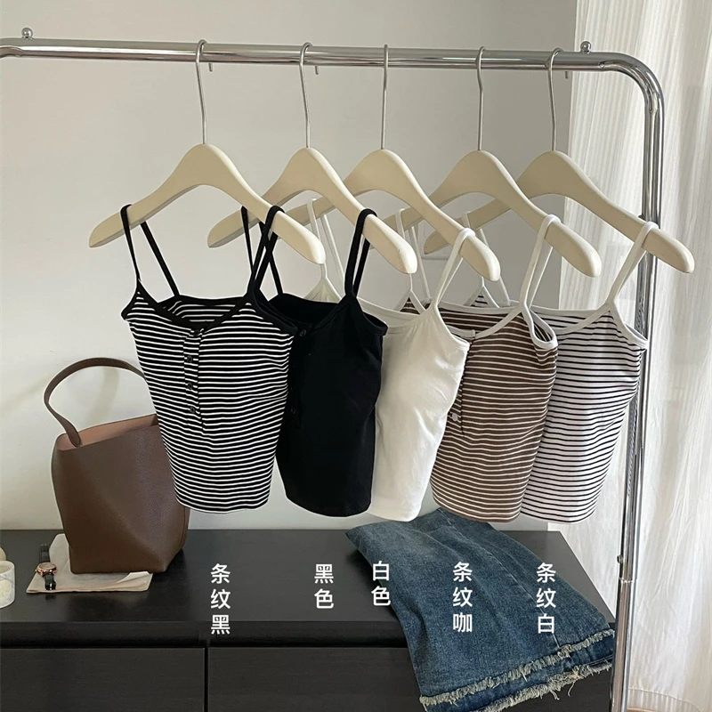 条纹纽扣吊带背心女秋季新款固定杯免穿文胸外穿修身显瘦打底上衣