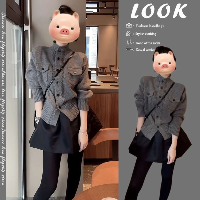 韩系氛围感穿搭秋冬季2024新款温柔气质高领毛衣慵懒半身裙两件套