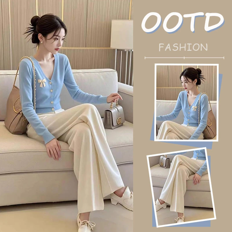 早秋时尚穿搭一整套女2024新款蝴蝶结V领针织开衫直筒裤子两件套