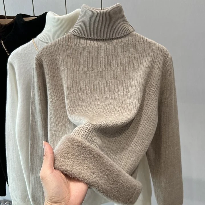 高领加绒加厚打底衫上衣女2023秋冬新款洋气一体绒保暖衣内搭毛衣
